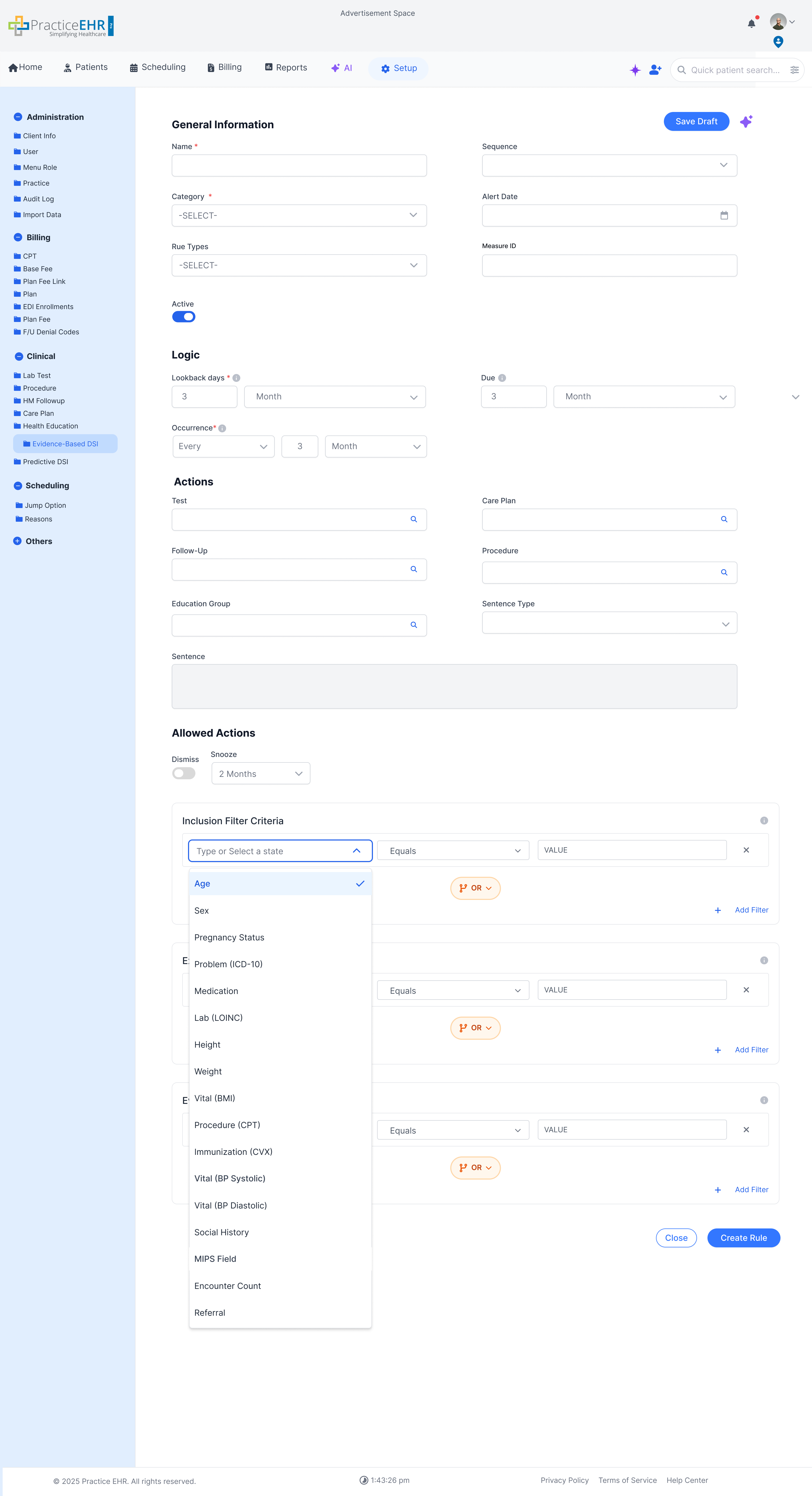Inclusion criteria field dropdown